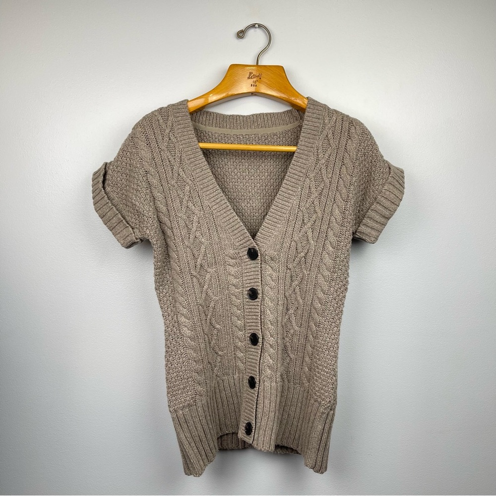 Massimo Dutti Short Sleeve Sweater Cardigan Cable Knit Cotton Cashmere Large